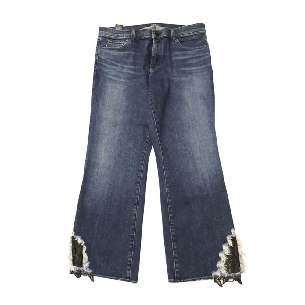 J Brand Mid Rise Cropped Jeans with Lace Hem in Blue Cotton